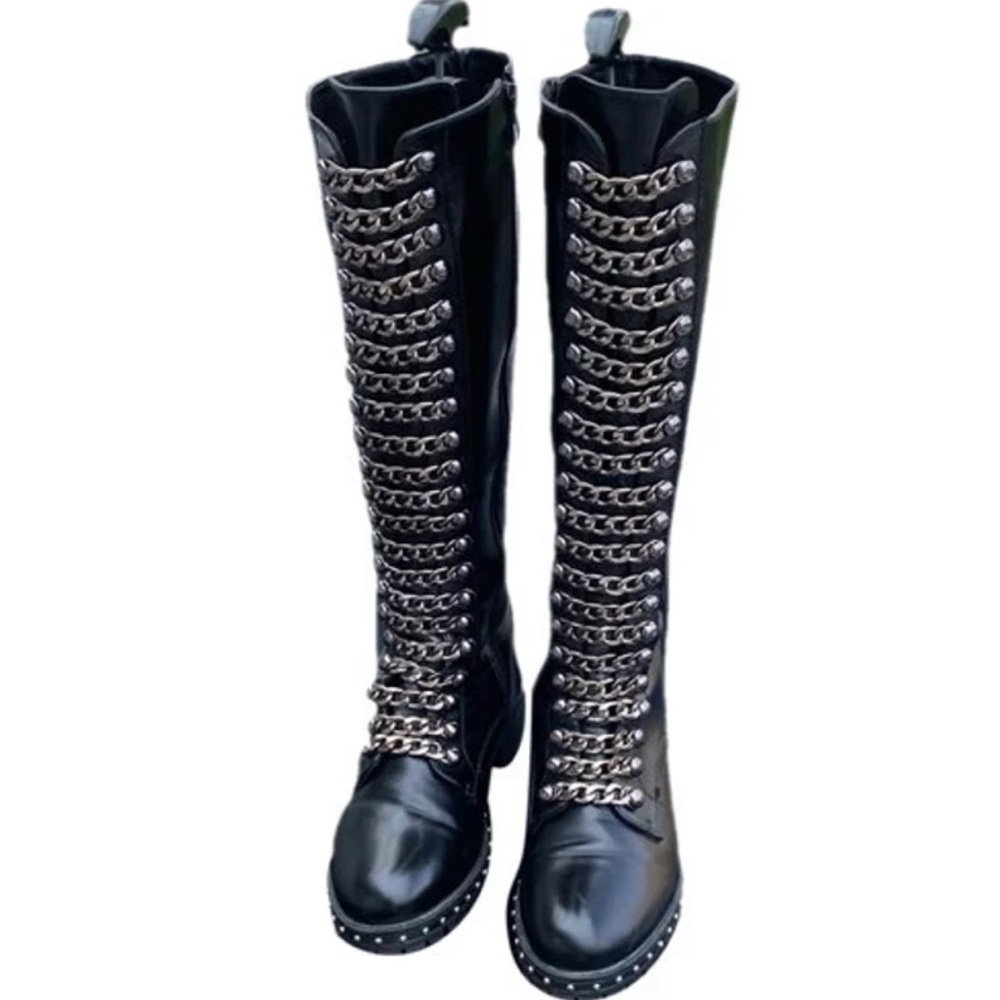 Black Chain-Embellished  Leather Knee-High Boots
